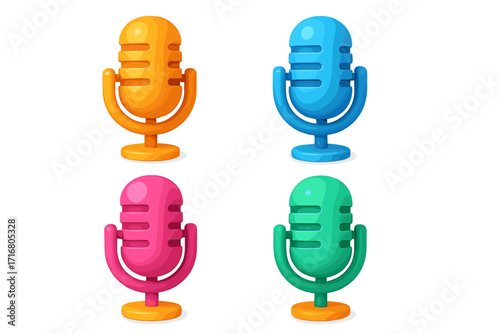 Colorful 3d microphone icons set for podcast, audio recording, and broadcast design. Vector cartoon illustration of mic collection. Sound, voice, music, radio, and interview concept.