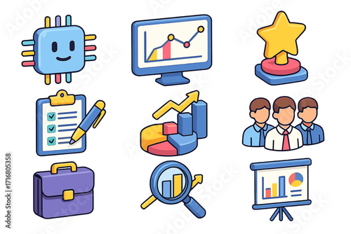 Business icons set vector cartoon. Corporate data analytics concept. AI technology, teamwork success, financial growth chart. Presentation, planning, award trophy symbol.