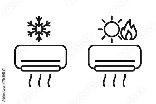 Air conditioner icons set. Climate control system. Cooling and heating mode. Vector line art. Cold snowflake symbol. Hot sun and fire symbol. Temperature regulation pictogram.