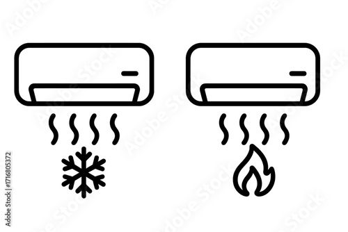 Air conditioner icon set for climate control. Vector line art of cooling with snowflake and heating with flame. HVAC system symbols for hot and cold temperature regulation.