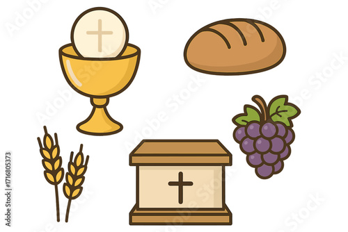 Christian communion symbols vector set. Chalice with host, bread, grapes for wine, wheat, and altar. Eucharist sacrament icons for religious design. Holy Catholic ceremony.