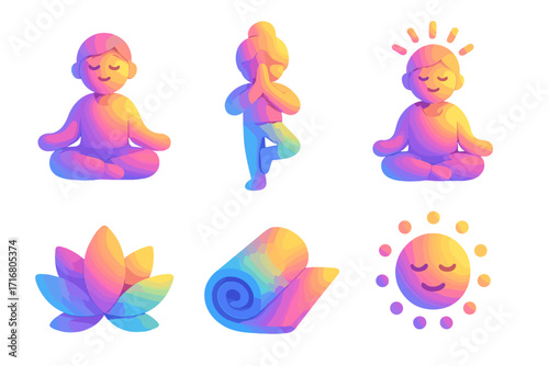 Vibrant 3D yoga meditation icon set. Colorful gradient emoji with person in lotus and tree pose. Wellness, mindfulness symbols for app. Health vector illustration.