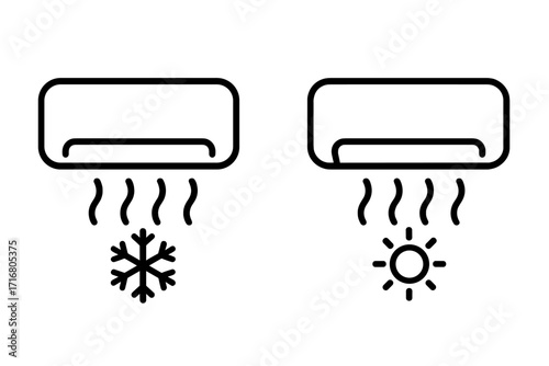 Air conditioner icons showing cooling and heating. Minimalist line art vector illustration of a climate control system. Cold snowflake and hot sun symbols for temperature.