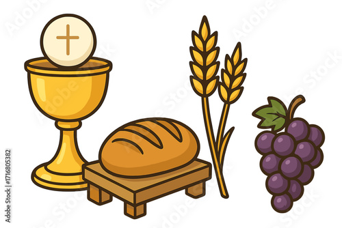 Holy Communion vector icon set. Eucharist symbols with chalice, host, bread, wine grapes, and wheat. Last Supper concept for Christian religious sacrament and worship illustration.