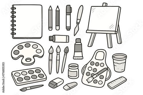Art supplies doodle set with sketchbook, canvas, and easel. Vector cartoon illustration of artist tools. Painting and drawing equipment collection for creative hobby and crafts.