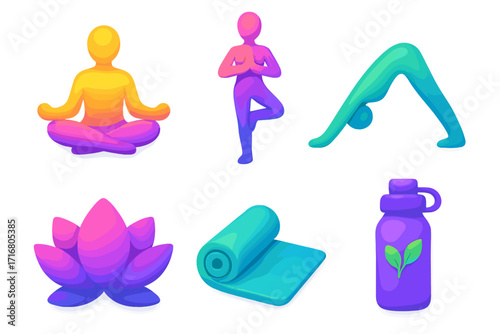 3D yoga icon set with colorful gradient style. Cartoon character in fitness poses, a lotus meditation symbol, yoga mat, and water bottle for wellness app design. Vector.
