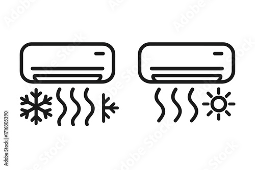 Air conditioner icons for cooling and heating. Vector line art of climate control system. AC unit symbols showing cold snowflake and hot sun functions. Hvac pictogram set.