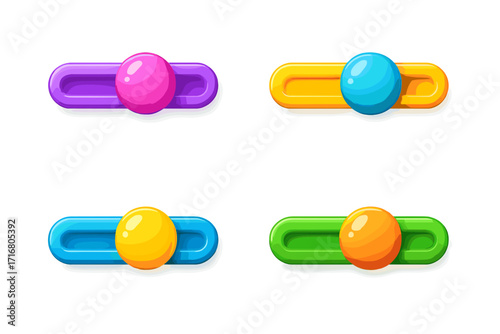 Colorful 3D slider icon set for user interface design. Vector cartoon toggle switch buttons for web and app. On and off control element for game UI or settings menu.