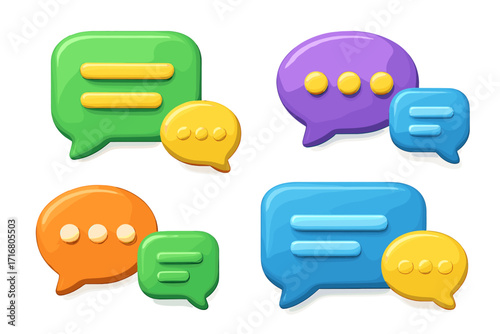 3D chat bubble vector set. Glossy speech icons for messaging and communication. Cartoon dialog box for social media, comments, forums, support, and online conversation.