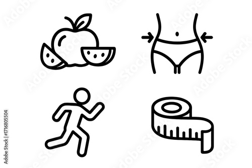 Health and fitness icons set for diet, weight loss, and exercise. Vector line art illustration of nutrition, running, slimming waist, and measurement tape. Healthy lifestyle concept.