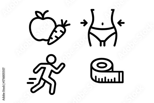 Health and fitness line icons. Healthy lifestyle, diet, and weight loss concepts. Vector symbols for exercise, running, slimming body, and measurement with tape. Simple outline.