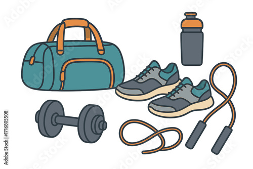 Fitness essentials vector set. Gym bag, shoes, dumbbell, jump rope, and water bottle. Sports equipment for workout and training. Flat cartoon illustration isolated on white.