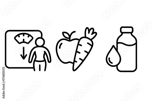 Health and fitness line icons set for tracking weight loss, nutrition, and hydration. Vector symbols for diet, wellness, healthy eating, and water balance. Simple outline illustration.