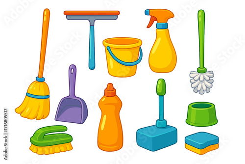 Colorful cleaning tools vector set. Cartoon icons for household chores, hygiene, and domestic maintenance. Housework equipment collection with broom, bucket, spray, and sponge.