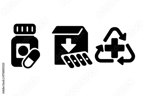 Healthcare icon set showing medication, pharmacy packaging, and sustainability. Pill bottle, blister pack, and medical waste recycling symbol in bold silhouette vector illustration.