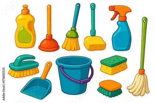 Vector cleaning supplies icon set. Cartoon household chores equipment. Colorful mop, bucket, sponge, brush, plunger, dustpan, spray bottle, and detergent for house cleaning.