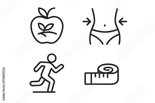 Health and fitness icon set. Vector line art symbols for diet, weight loss, exercise, and measurement. Healthy food apple, slim waist, running person, and tape measure icons.
