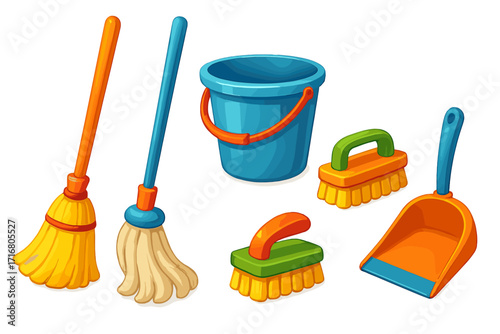 Set of colorful 3d cleaning tools with broom, mop, bucket, scrub brush, dustpan. Vector cartoon illustration. Household equipment for domestic chores, spring cleaning concept.
