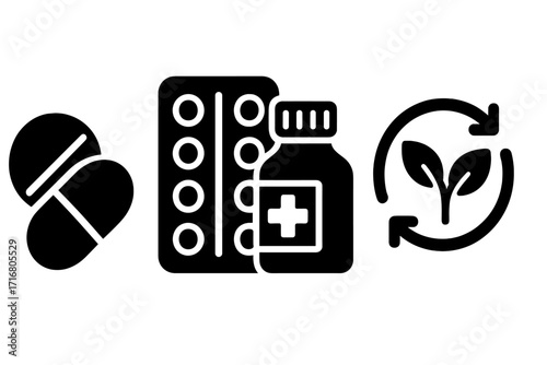 Healthcare icons medication packaging. Sustainable pharmacy concept. Eco friendly medicine. Pharmaceutical industry waste recycle symbol. Pills blister pack bottle. Vector silhouette set.