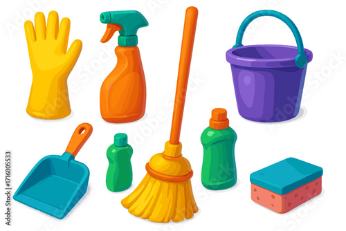 3D cleaning tools set. Colorful vector cartoon illustration for household chores. Housekeeping equipment for maintenance and hygiene. Broom, bucket, sponge, glove, spray bottle.