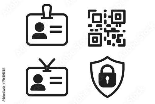 Security and identification icon set. Vector graphics of ID card, employee badge, QR code scan, and secure lock shield. For digital access, verification, and privacy concepts.