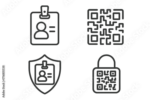Metaphor of digital security and personal identification. Icon set with ID badge, QR code lock and shield. For authentication, verification, access control, data protection.