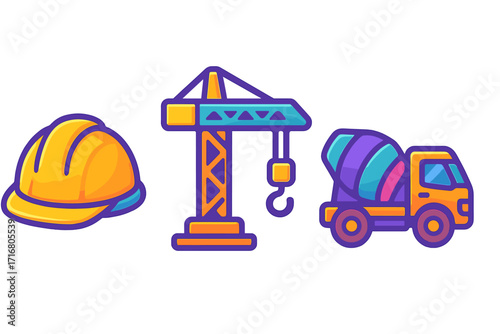 Construction icon set with hard hat, crane, and cement mixer. Colorful cartoon vector illustration for building industry. Safety helmet, tower crane, and concrete truck.