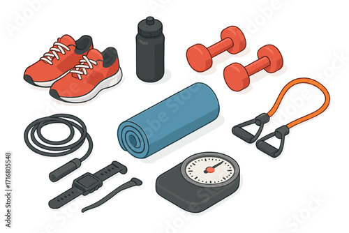 Isometric fitness essentials set for home workout. Vector gym accessories with shoes, dumbbell, yoga mat, scale, jump rope, bottle for a healthy sport lifestyle.
