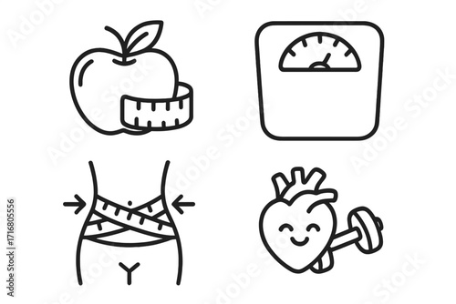 Health and fitness line icon collection for weight loss and diet management. Vector cartoon symbols of healthy eating, body measurement, cardio exercise, and weight control.