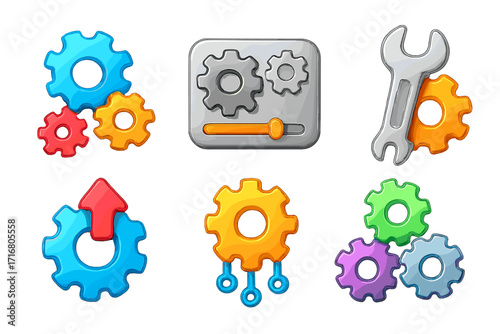 Colorful 3d gear and mechanism icon set. Vector cartoon illustration for technology and engineering. Cogs for settings, update, repair, and system integration. UI elements.