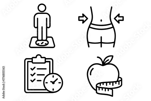Weight loss line icon set. Healthy lifestyle, diet, nutrition concepts. Slim body, waist, apple, measure tape, scale, checklist icons. Fitness, health management vector symbols.