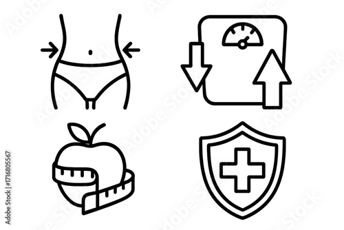 Health and weight loss line icon set. Vector symbols for diet, fitness, and body measurement. Includes scale, slim waist, apple with tape, and medical shield concepts.
