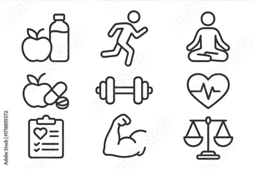Health and fitness line icon set. Nutrition, exercise, and wellness symbols. Vector collection for healthy lifestyle, diet, cardio, yoga, gym workout, and heart rate tracking.