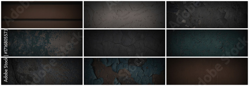 Set of dark panoramic background textures. Collection of wide textures with peeling paint, cracks, rust, scratches, noise and grain. Rough surfaces of old walls. Bundle of backgrounds for design.