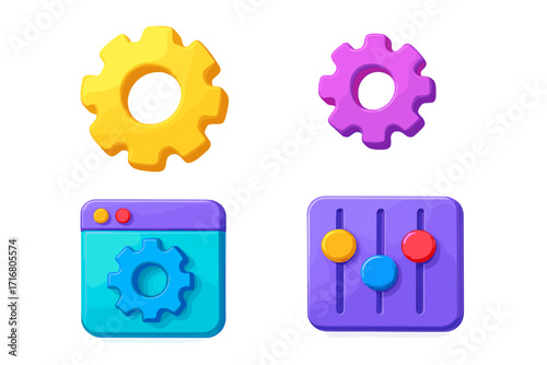 3D gear and control icon set for UI UX design. Vector cartoon illustration of settings, cogwheel, and slider panel for apps and web. Customization and options concept.