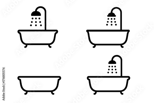 Bathtub and shower icon set. Vector collection of minimalist bathroom symbols. Black line art illustrations for hygiene, plumbing, and interior design concepts on white.