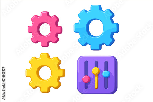 Colorful 3d gear and control panel icon set for UI design. Vector cartoon illustration of settings, options, and adjustment sliders for apps and web development. Cogwheel icons.