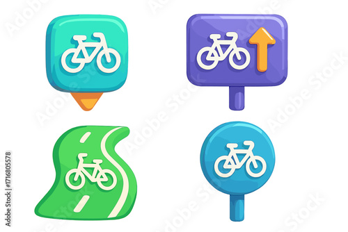 Set of 3D bicycle navigation icons. Vector cartoon symbols for bike paths, cycling routes, and maps. Includes location pin, direction sign, and road signs for UI design.