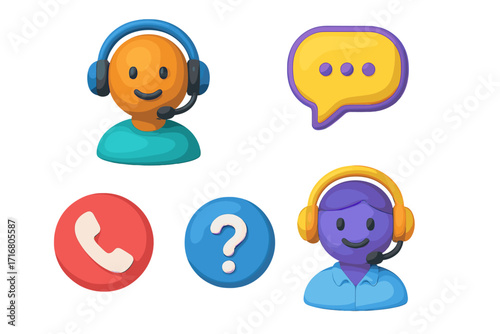 3D customer support icon set. Call center agent with headset, chat bubble, phone, and question mark. Vector cartoon illustration for contact us, help desk, and hotline service.