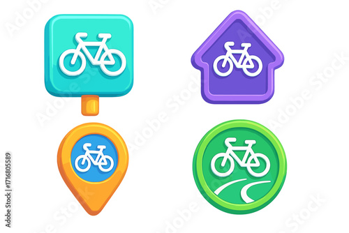 3D bicycle icon set for navigation app. GPS location pin, route sign, and bike path symbols. Vector cartoon illustration for cycling map UI. Shiny plastic glossy style.