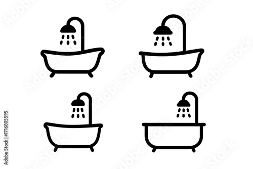 Set of bathtub with shower icons. Minimalist black line art vector illustration. Bathroom and hygiene concept. Wash, clean, plumbing symbols. Simple pictogram collection.