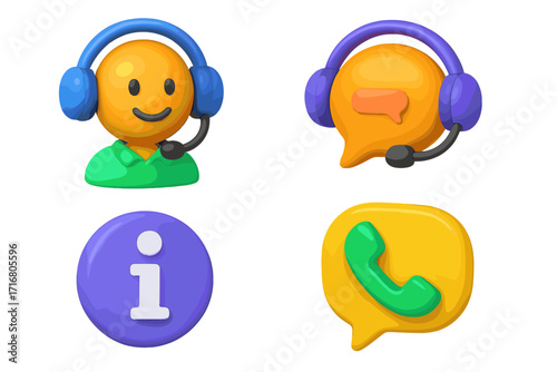 Customer service 3d icon set. Call center operator, online support agent with headset, phone call symbol, information sign. Vector cartoon for helpdesk, contact us, faq.