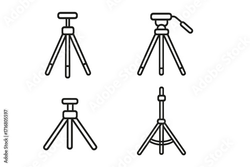 Tripod icon set for photography and video. Minimalist black line art collection of camera stands. Professional studio equipment vector illustration. Support and stability concept.