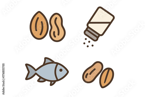 Food ingredients icon set with common allergens. Minimalist vector symbols for nuts, fish, salt, and peanuts. Cartoon line art illustration for packaging or menu design.
