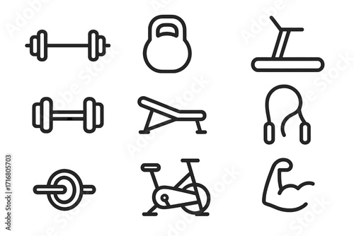 Minimalist fitness equipment icons set for gym and workout themes. Vector line art symbols for exercise, bodybuilding, training. Dumbbell, kettlebell, treadmill, bike.