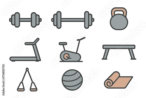 Fitness equipment icon set for gym and workout. Vector illustration of sport items. Dumbbell, barbell, kettlebell, treadmill, exercise bike, bench, yoga mat, fitness ball.