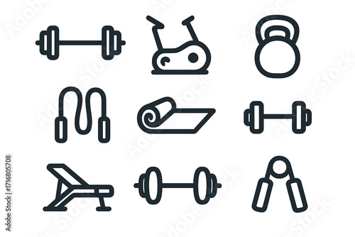 Fitness equipment icon set for gym and workout. Vector line art illustration of exercise tools. Minimalist design for health and wellness concepts. Includes dumbbell, barbell, kettlebell.