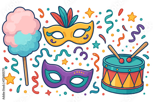 Carnival party elements set. Vector cartoon collection with festive masks, drum, and cotton candy. Masquerade parade or festival celebration icons isolated on white background.