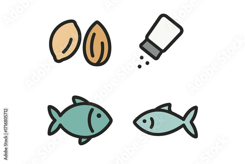 Food allergen icon set vector illustration. Minimalist cartoon symbols for common allergens like nuts, fish, and salt ingredients. Concept for dietary restrictions and nutrition labels.