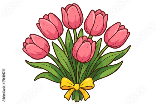 Bouquet of pink tulips with yellow ribbon bow vector illustration. Cute cartoon flowers for spring, Mother's day, or birthday greeting card. Floral gift isolated on white.